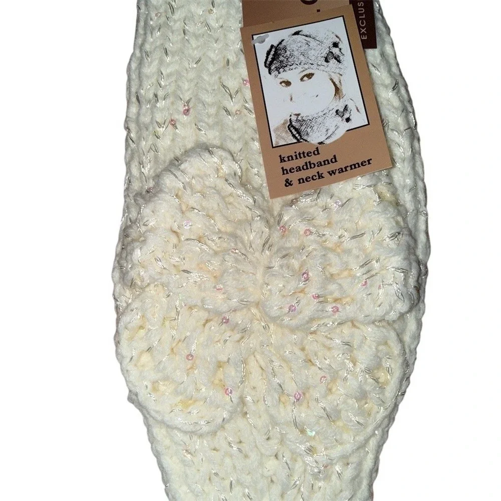C.C Exclusives Headband & Neck Warmer Set Womens One Size Ivory Flower Buttons